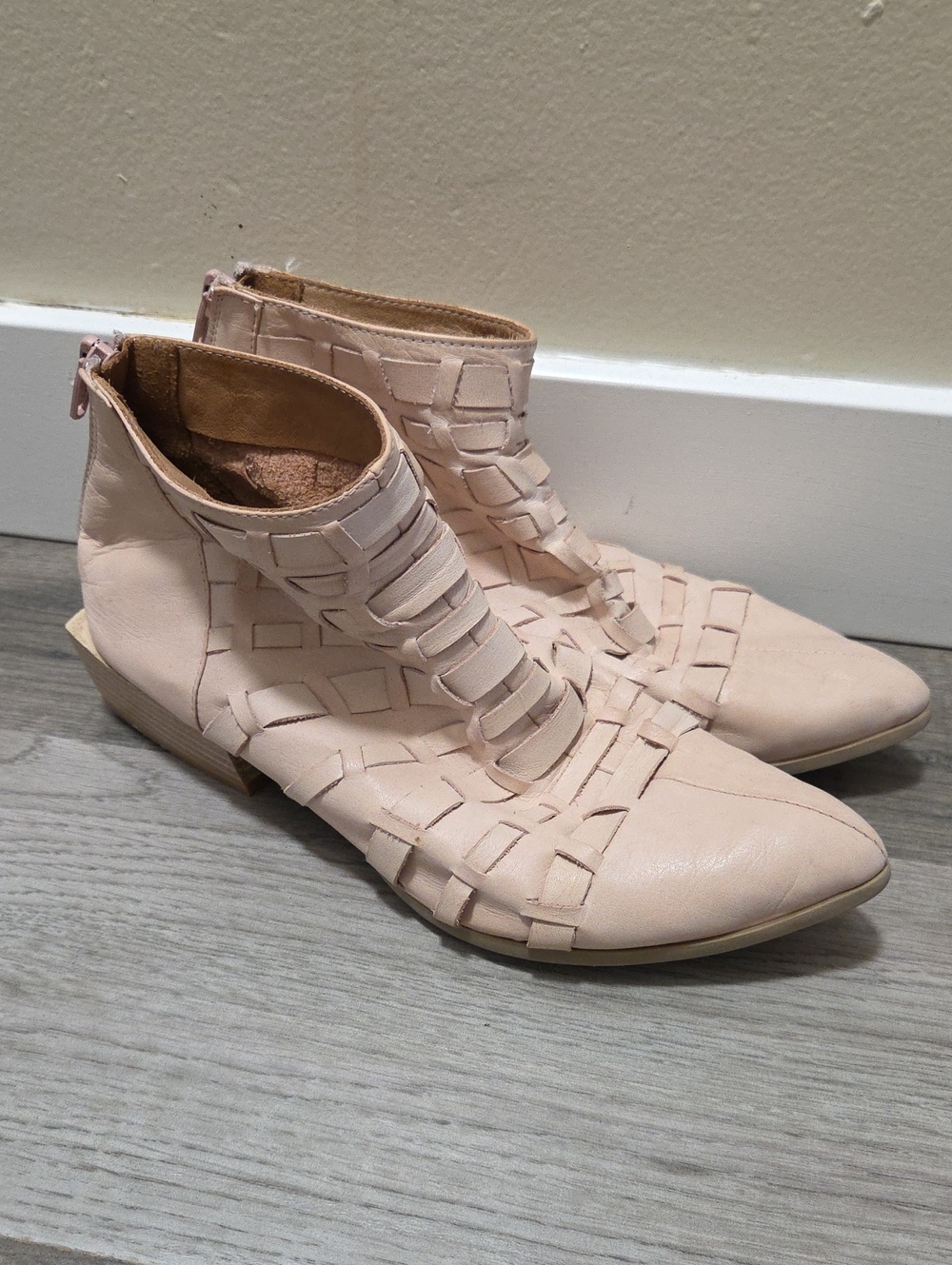 Bueno Blush Pink Woven Leather Ankle Booties